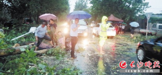 ↑浏阳市镇头镇,当地政府部门组织道路清障。 长沙晚报通讯员 刘正 摄